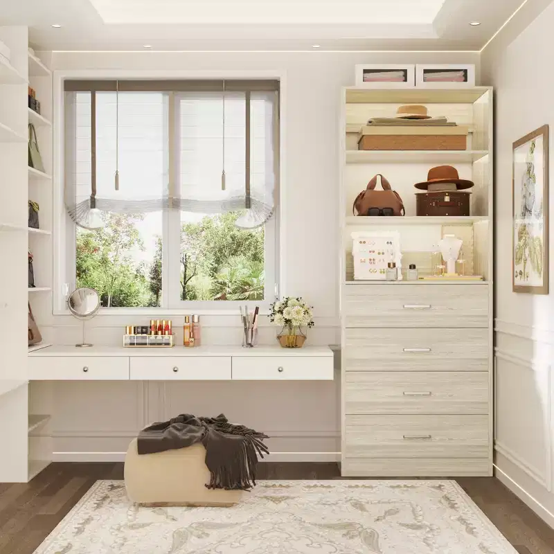 Closet Organizer System with Wood Drawers and Shelves
