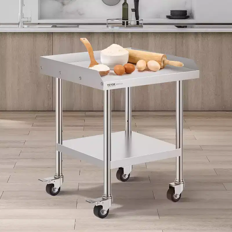 Stainless Steel Workbench Commercial Food Prep Table with 4 Wheels, 3-sided Splash Guard, Heavy-duty Metal Work Table for Restaurant, Home, and Hotel