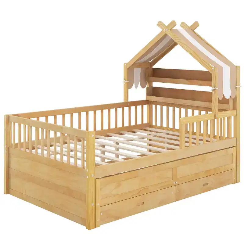GDFStudio Sanders Wooden House Bed with trundle and Fabric