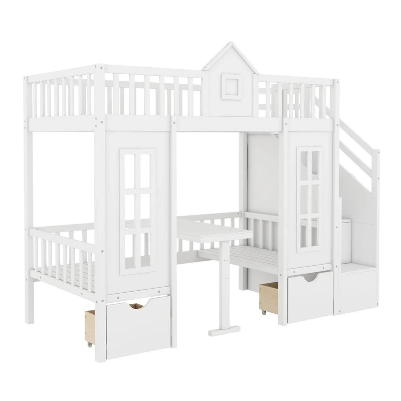 Twin Over Twin Bunk Bed with Convertible Desk - Gray