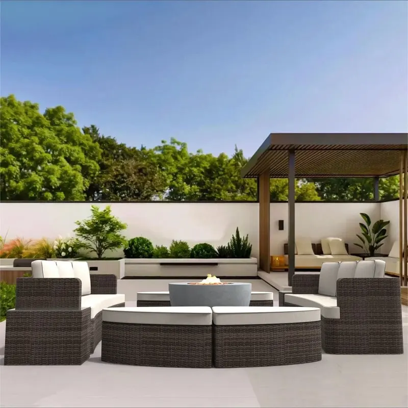 9-piece Patio Wicker Daybed Set with Concrete Fire Pit Table