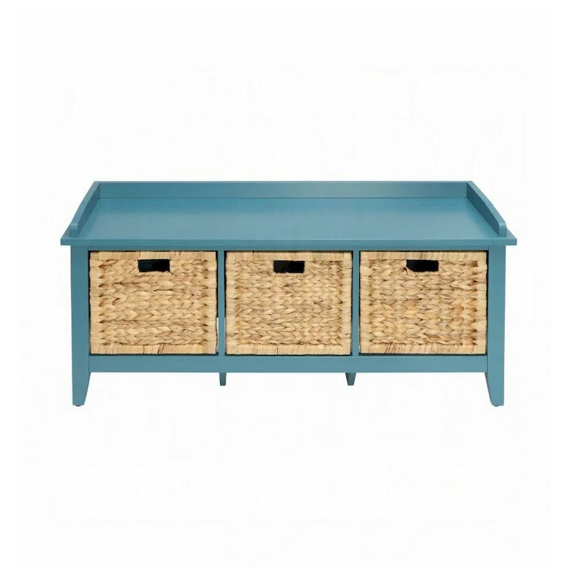 Blue Wood Storage Bench with 3 Rattan Baskets, 1-Seat
