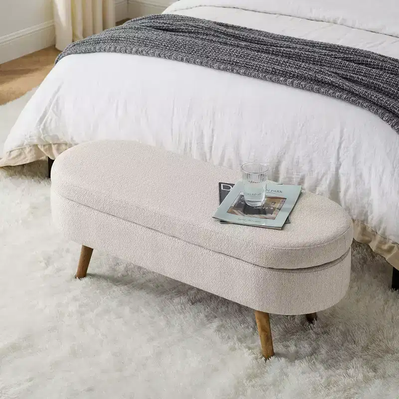 43 Inch Versatile End-of-Bed Ottoman Bench with Storage, Soft Linen, Rubberwood Legs, 250 lbs Capacity
