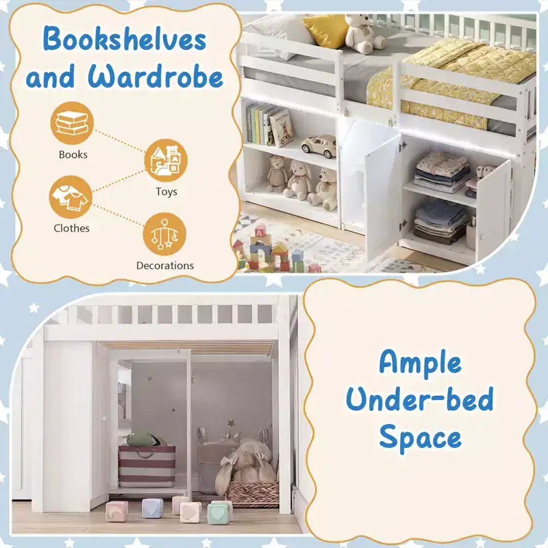 Twin Low Loft Bed with LED Light, Stairs & Guardrails, Modern Pine Wood Kids Bed, White/Mint/Gray