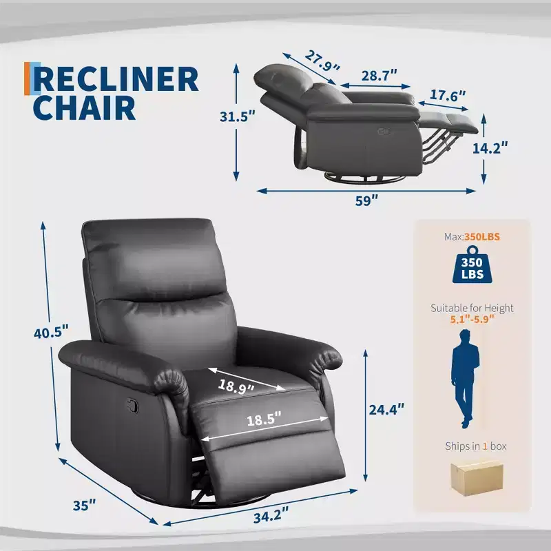 360 Swivel Rocker Glider Recliner Chair, PU Leather Nursery Sofa with Deep Padded Seat & Armrests for Living Room, Bedroom & Nursery
