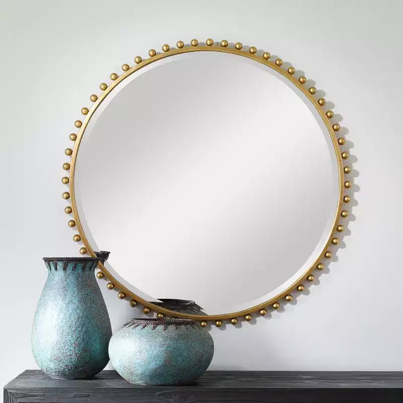 Round Vanity Decorative Wall Mirror Modern Beveled Gold Leaf Iron Frame 32 Wide