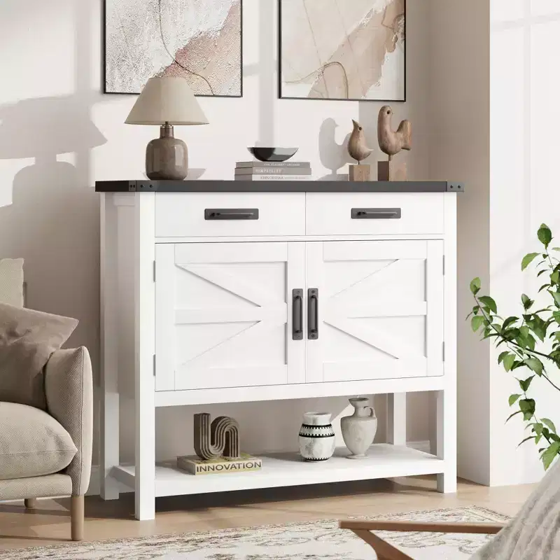 Entryway Table Storage Cabinet - 2 Doors & 2 Drawers Solid Wood, Multifunctional Coffee Bar, Sofa Console for Living Room, Hallway (White)
