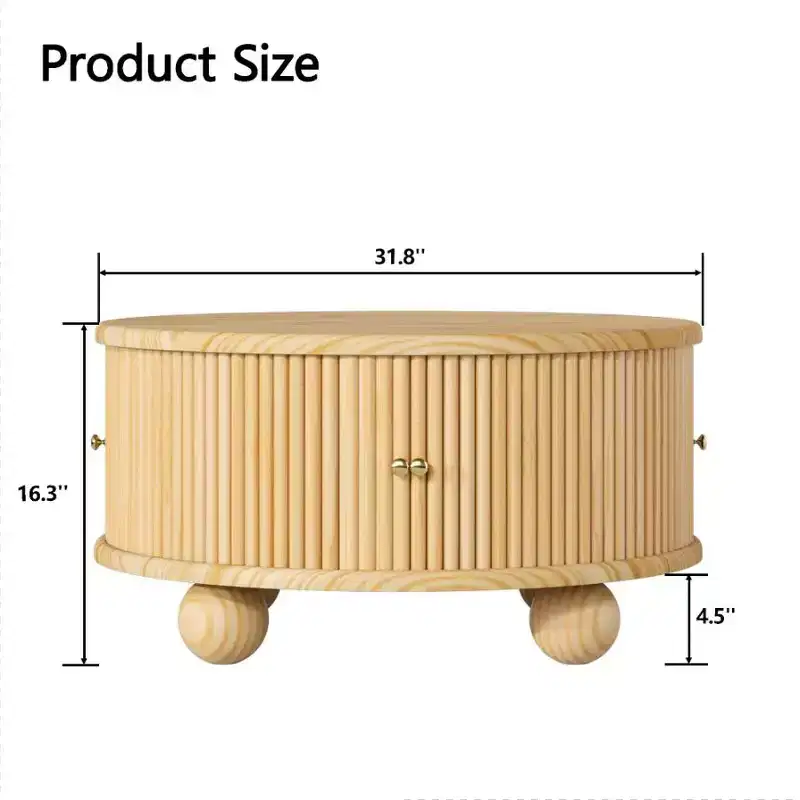 Pine Wood Round Fluted Coffee Table with Hidden Storage 31.8''W x 16.3''H