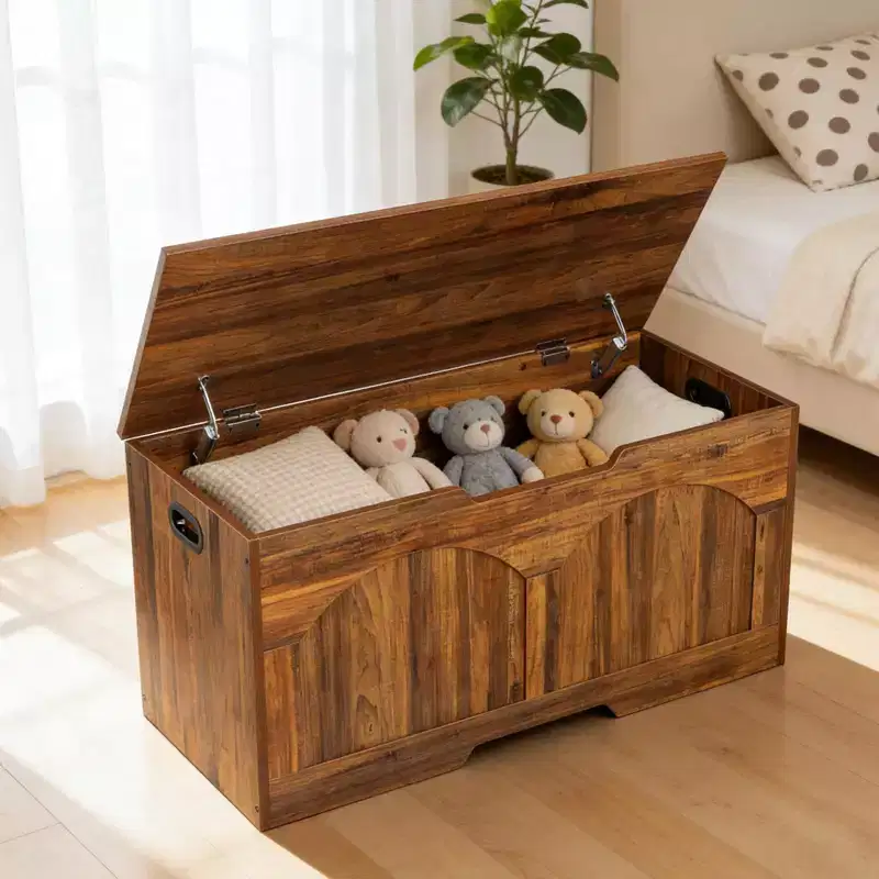 39.3 Retro Wooden Storage Bench, Heavy-Duty Toy Box Chest with Safety Hinges & 300 lb Capacity for Entryway & Bedroom