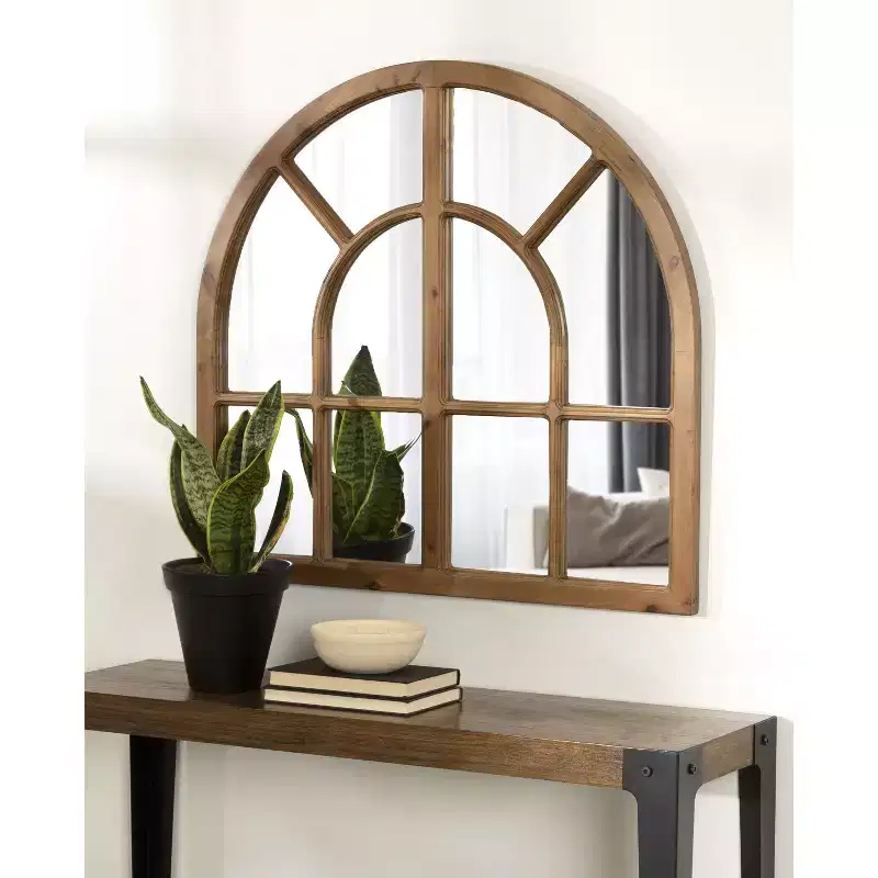 Wide Arch Windowpane Wall Mirror, Rustic Brown Solid Wood Frame, 30x28.5