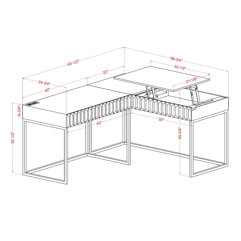 Bird Glam Metal Lift-top L-Shaped Computer Desk with USBs