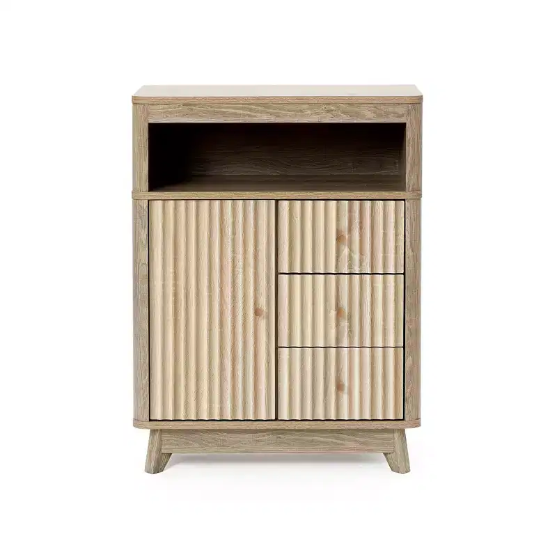 Luxenhome Bathroom Storage Cabinet, 31'' Mid Century Modern Natural Finish Fluted Wave-Patterned Wood Accent Cabinet with 3-Drawer 1-Door Brown
