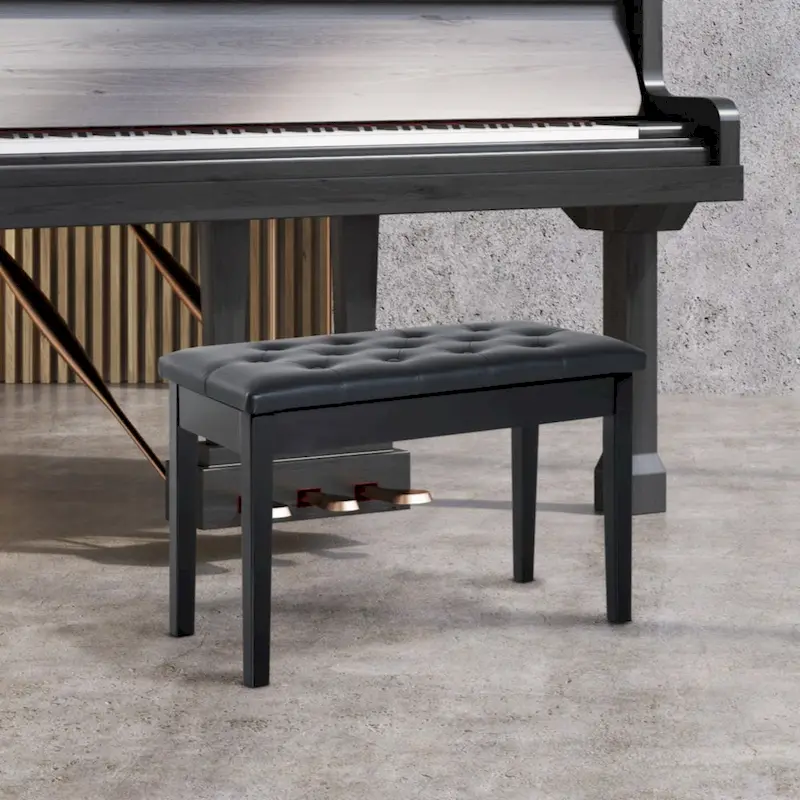 Duet Piano Chair with Faux Leather Padded Cushion and Wooden Frame, Button Tufted Keyboard Bench, Black