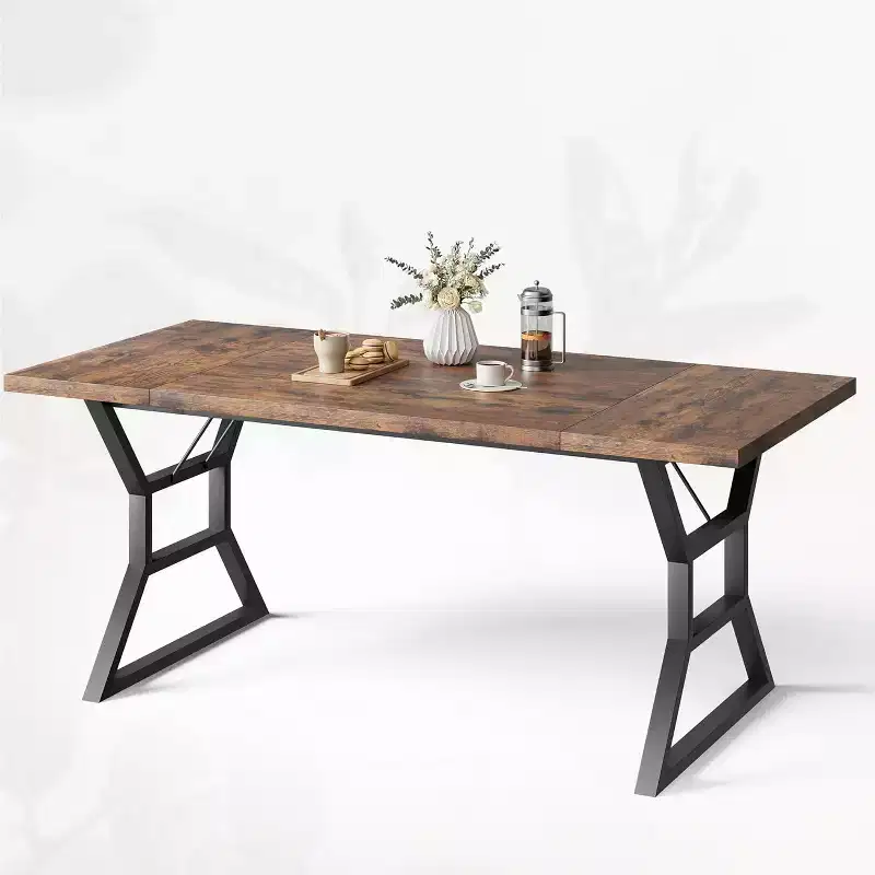 Frame Dining Table with Waist Detail for 6-8 People, Wooden Rectangular Dinner Table with Heavy-Duty Metal Legs, Idel for Dining Room
