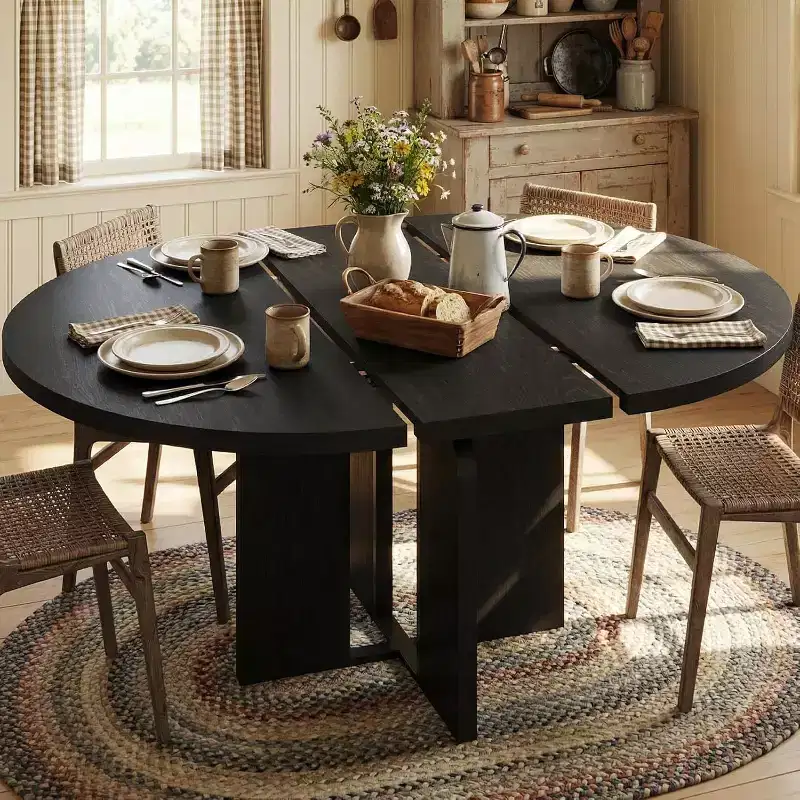 47-63 Extendable Dining Table for 4-8 People, Wooden Round Kitchen Table with Wider Leg, Modern Extendable Dinner Table without Chair, Walnut