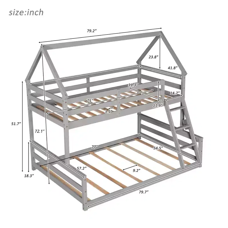 Wood Twin over Full Bunk Bed, Solid Wood House Bed Frame Built in Ladder, Convertible to 2 Beds, Floor Bunk Bed for Kids Teens