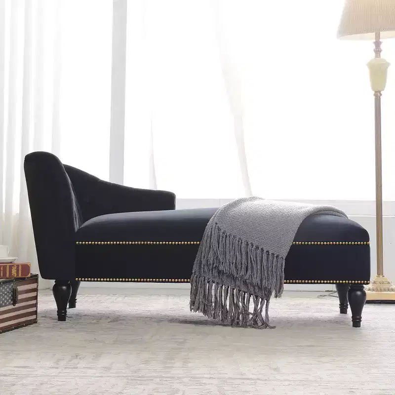 58'' Velvet Chaise Lounge, Button Tufted Right Arm Facing Lounge Chair with Nailhead Trim & Solid Wood Legs for Living Room or Office
