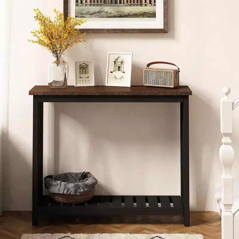 Rustic Console Table with Lower Shelf, Wood-Grain Top & Matte Black Frame, 39