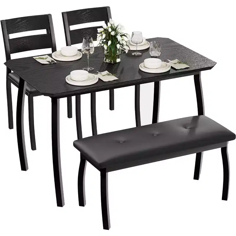 5-Piece Wood Dining Table, Upholstered Bench and 2 Chairs, Space-Saving Dinette for Studio, Kitchen, Dining Room