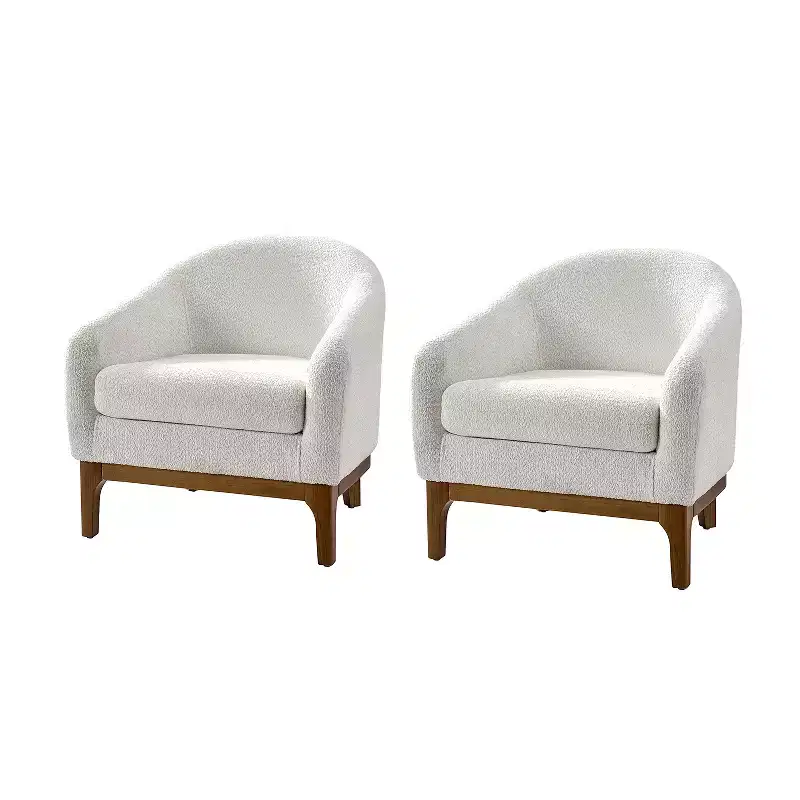 Boucle Barrel Armchair Set of 2 Solid Wood Legs High-Density Foam Dual-Sided Cushion