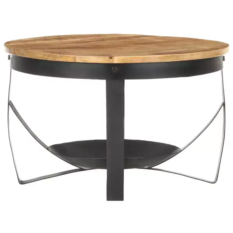 Round Coffee Table, Solid Mango Wood Top with Black Iron Frame, 26.8 x 16.9 in