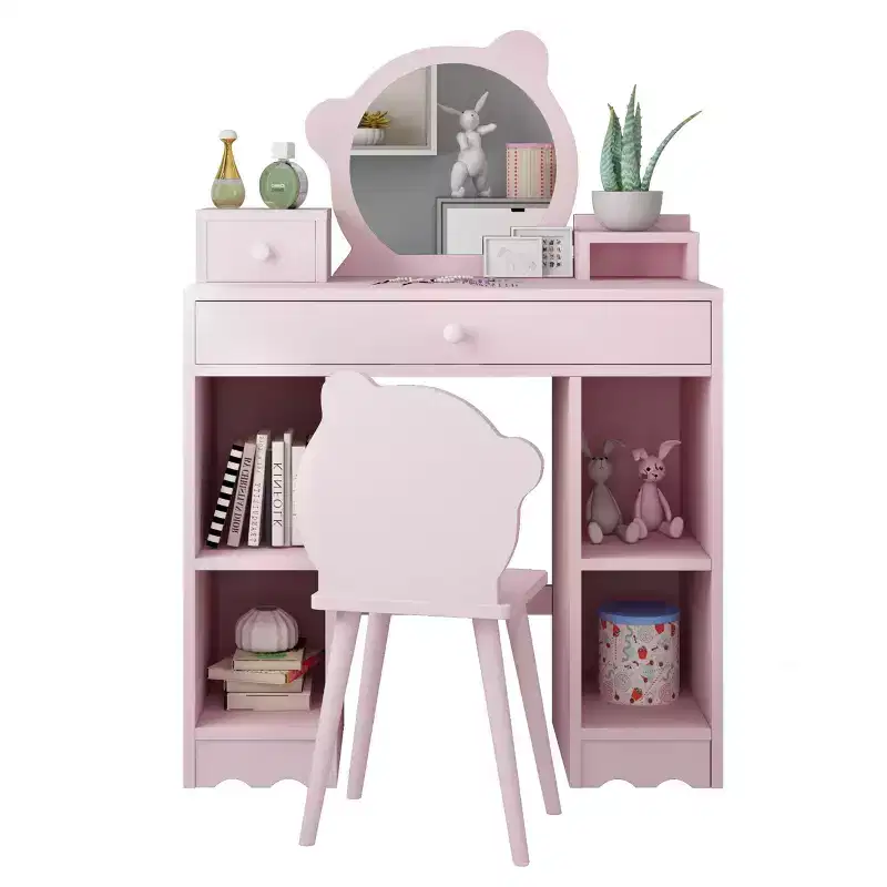 Kids Wooden Play Vanity Set with Vanity Table, Mirror, Storage Drawer & Shelves, and Matching Stool, Pink