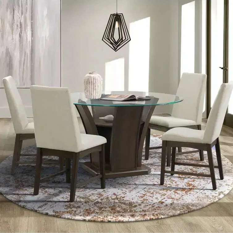 Brown Round Dining Table with Glass Top, Seats 4