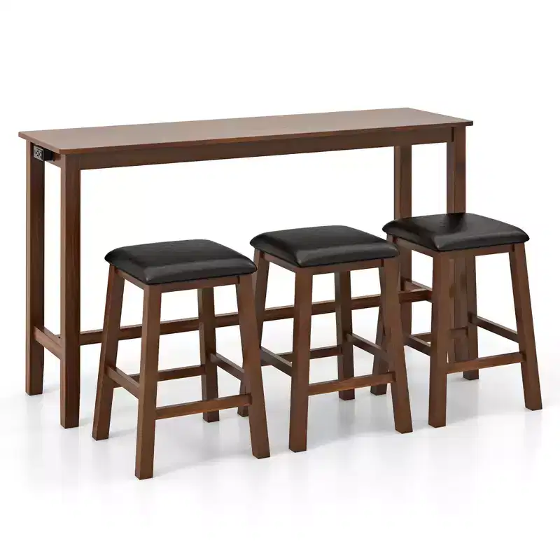 Costway 4-Piece Bar Table Set w/ Power Outlet Counter-Height Table & 3 Bar Stools
