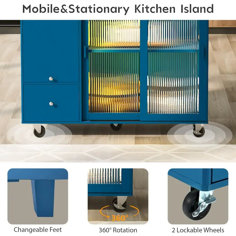 LED Light Kitchen Cart with Drop Leaf and Adjustable Shelf