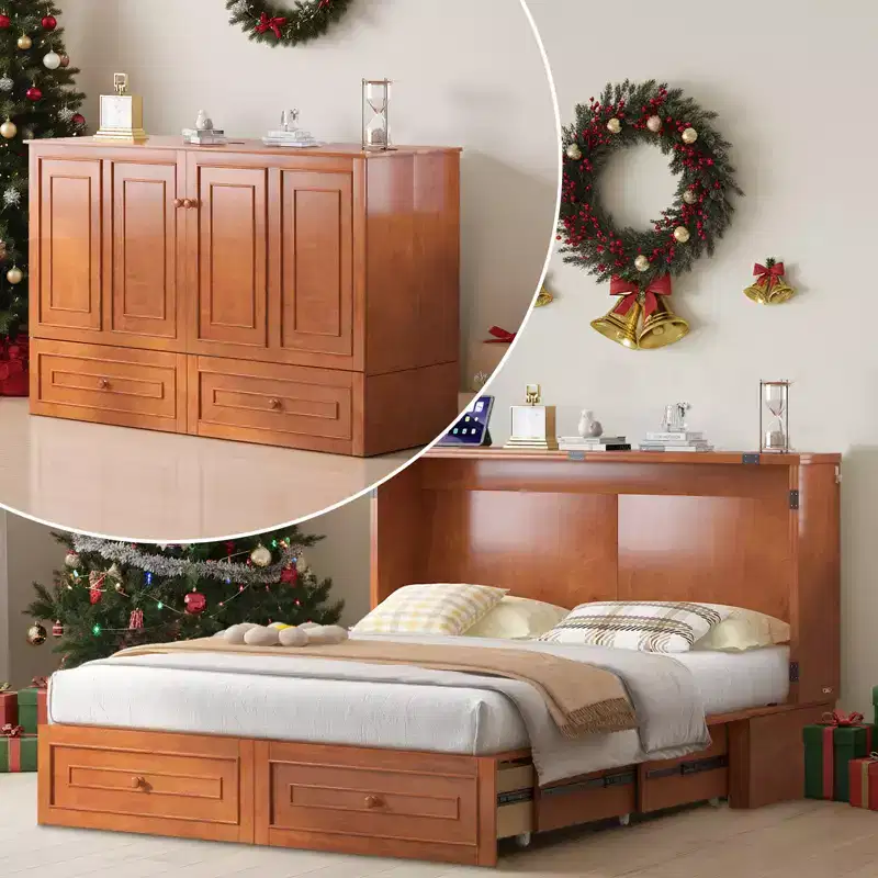 Queen Size Murphy Bed Cabinet with USB Charging Station, Drawers & Tri-Folding Mattress