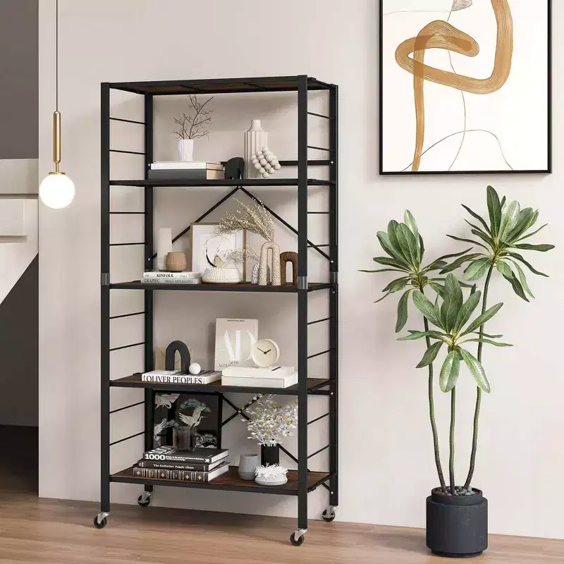 Costway 5-Tier Folding Shelf Free DIY Design Shelving Unit with 4 Universal Wheels Kitchen Black/Natural