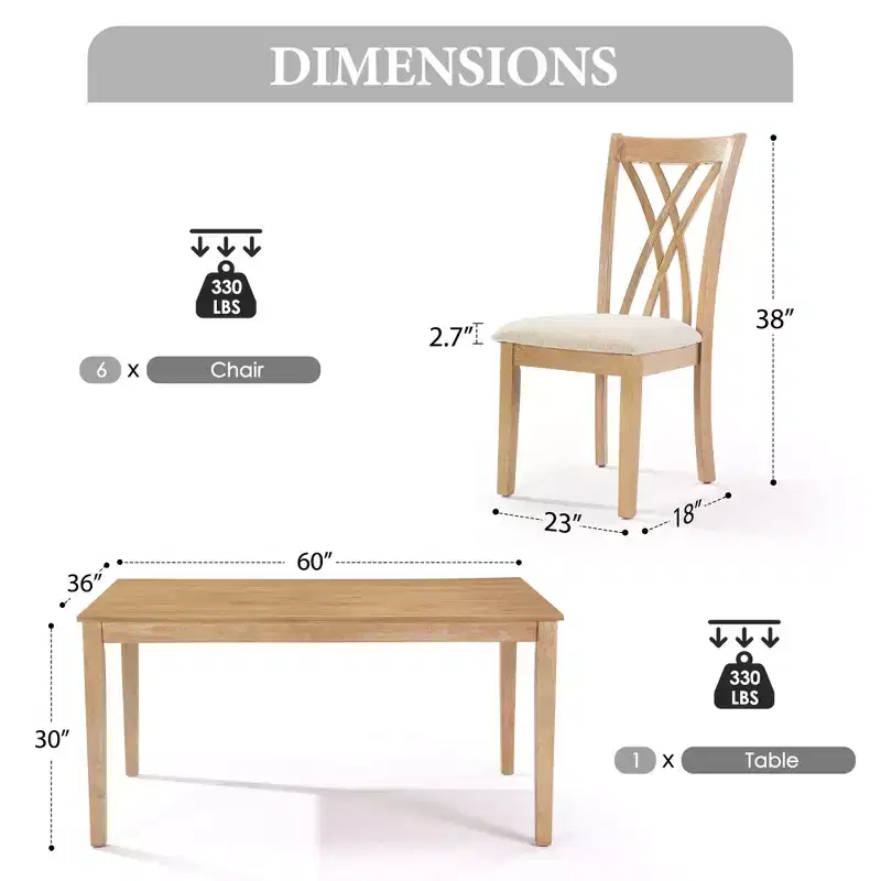 GDFStudio Marcus Modern 7 Piece Rubber Wood Dining Table Set with 6 Upholstered Chairs