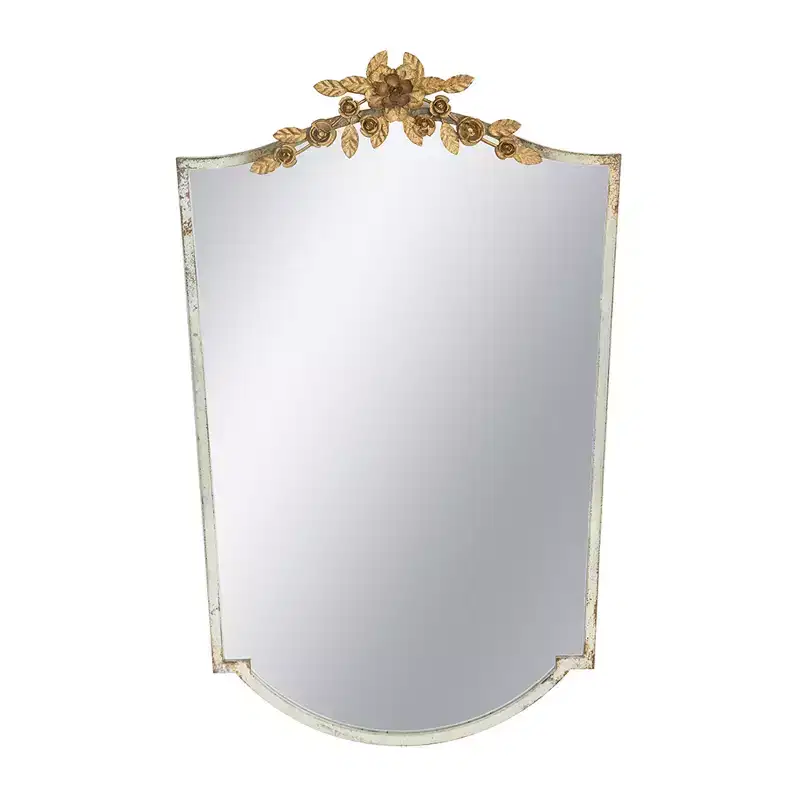24 x 37.4 Inch Decorative Arched Wall Mirror with Distressed Ivory Frame and Gold Floral Crown