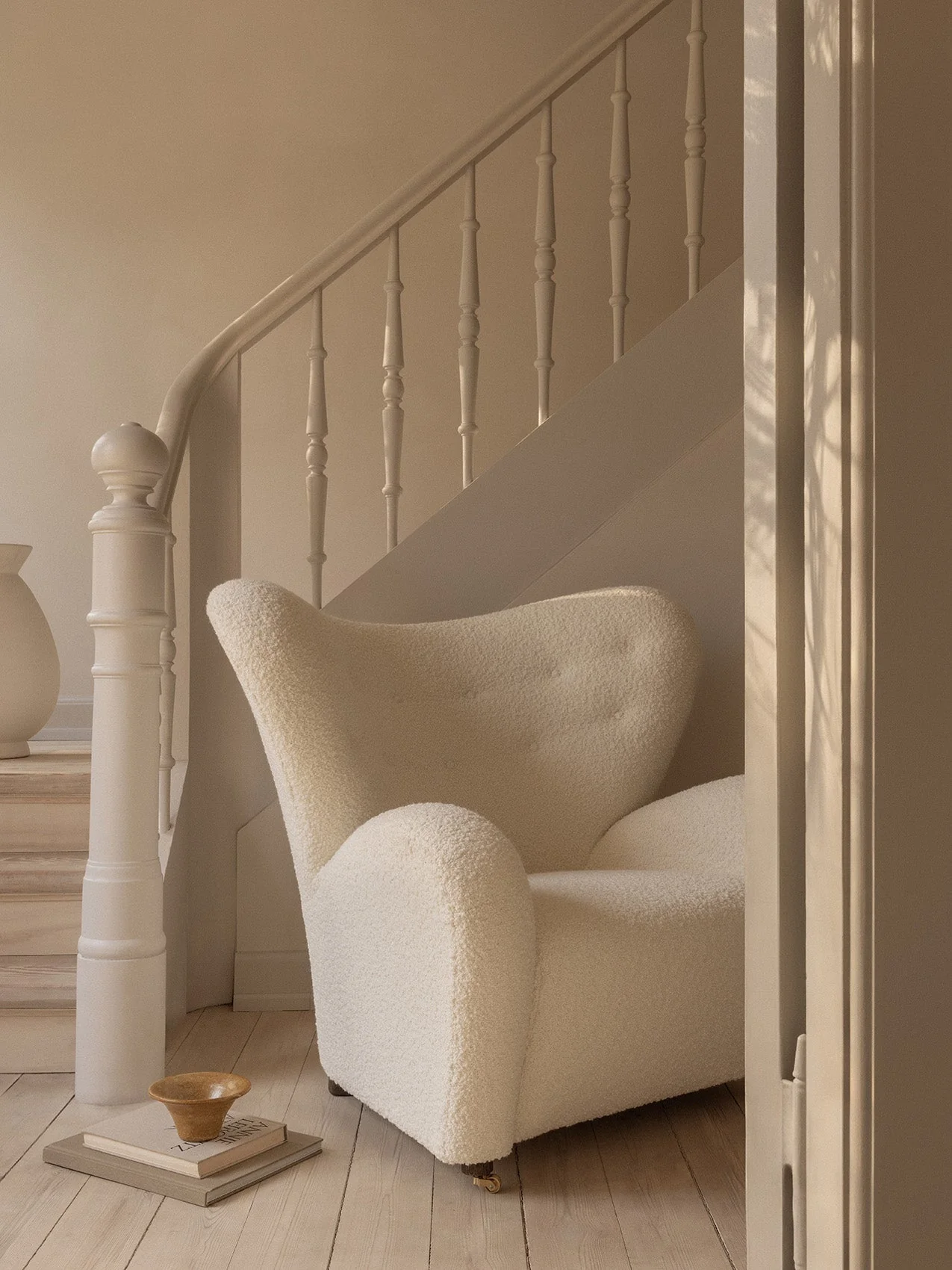 Textile & Oak Lounge Chair with Brass Casters for Living Room