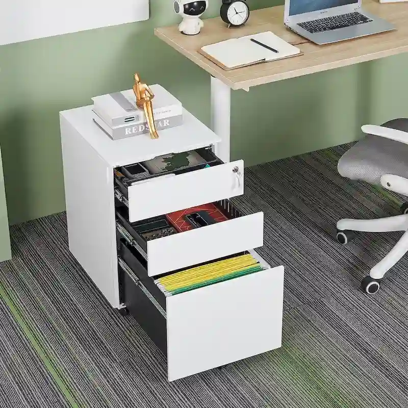 3 Drawer Mobile File Cabinet with Lock Steel File Cabinet for Legal/Letter/A4/F4 Size, Fully Assembled Include Wheels