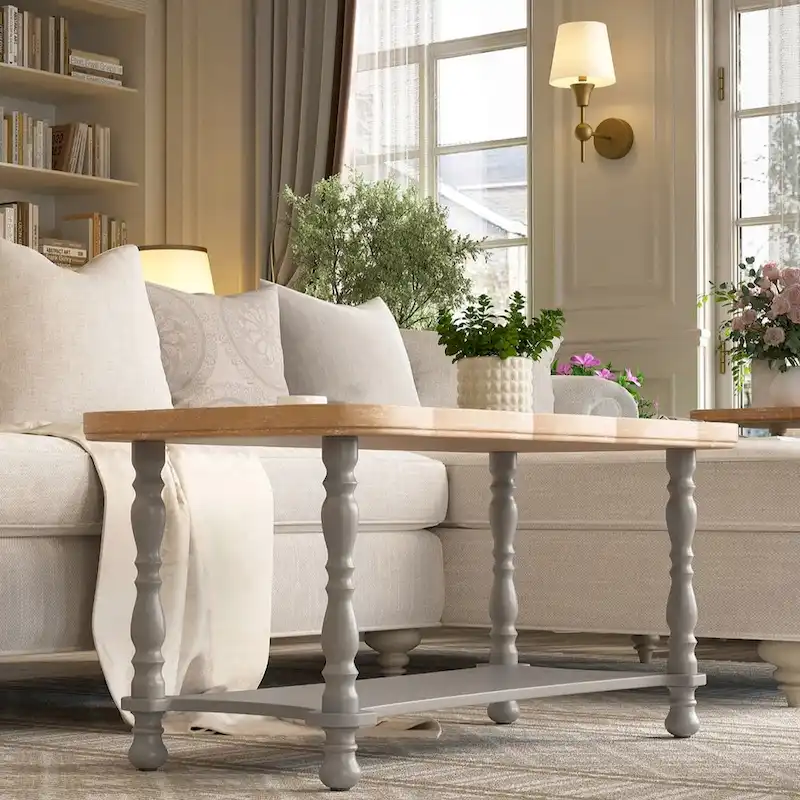 French Farmhouse Coffee Table with Natural Tray Top and Shelf