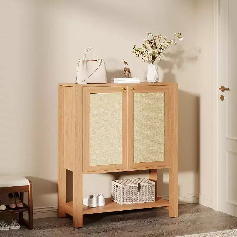 Rattan Shoe Cabinet for Entryway, 5-Tier Freestanding Wood Shoe Rack, Adjustable Shelves, Open Storage Organizer for Hallway, Living Room, Dark Oak