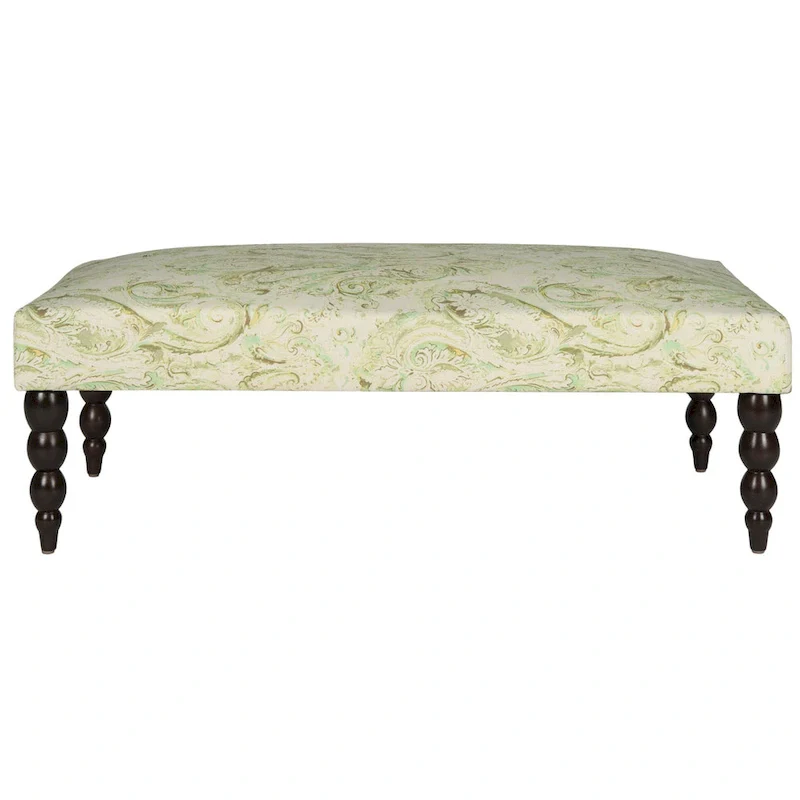 Green Paisley Printed Upholstered Accent Bench, Bohemian Style Living Room Seat 47x26x16