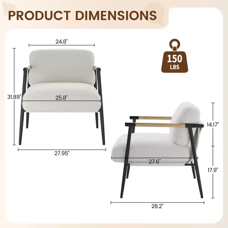 Modern Accent Chair, Comfy Chair with Metal Frame Wooden Armrest, Cozy Reading Chair with Soft Cushion for Bedroom, Living Room