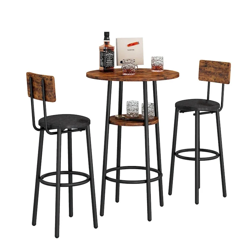 Grondin Industrial Style 3-Piece Round Bistro Pub Table Set with 2 PU Leather Bar Stools and Shelf, Counter Height Bar Table Set