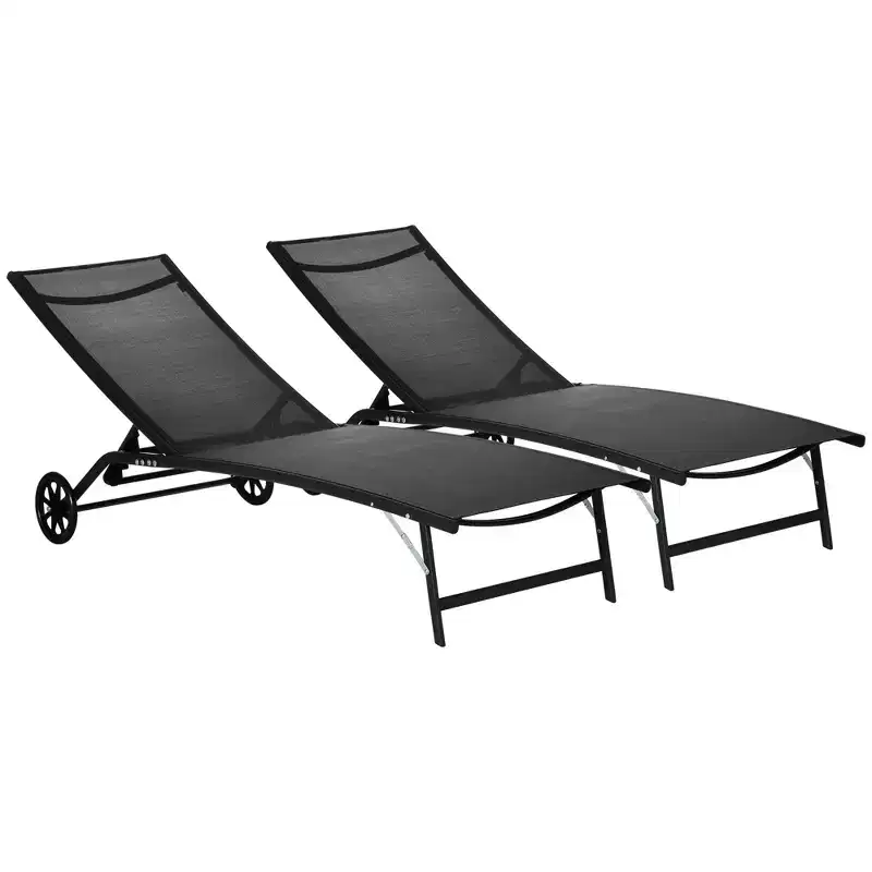 Chaise Lounge Outdoor, 2 Piece Lounge Chair with Wheelsning Chair with 5 Adjustable Positions for Patio, Beach, Pool