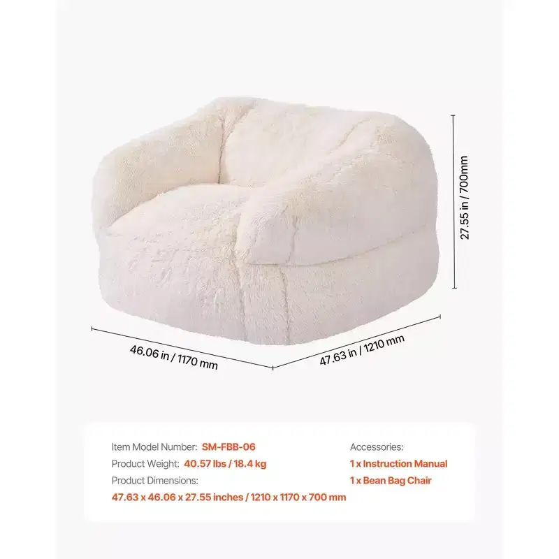Bean Bag Sofa Chair with Armrests Plush Faux Fur Cover and High-Density Foam Filling Beige