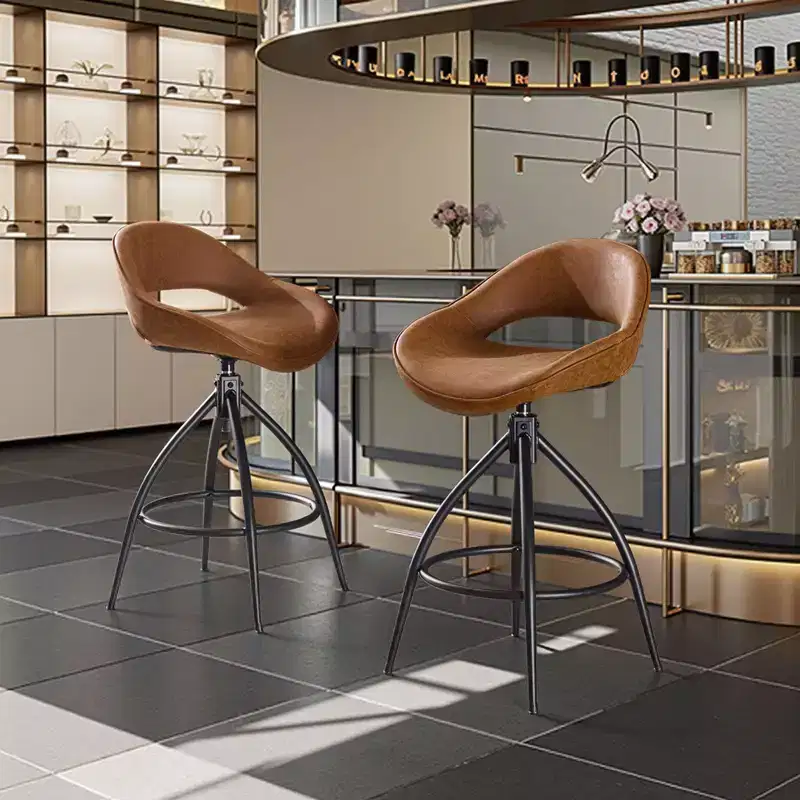 Karl Home 2 Piece Set of Brown Swivel Bar Stools with Hollow - out Backrest, PU Upholstery & Powder