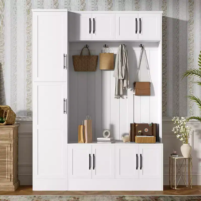 79IN Modern Hall Tree with 6 Cabinets and 4 Coat Hooks, Coat Rack with Shoe Storage Bench and Adjustable Shelf for Hallway, Living Room, White