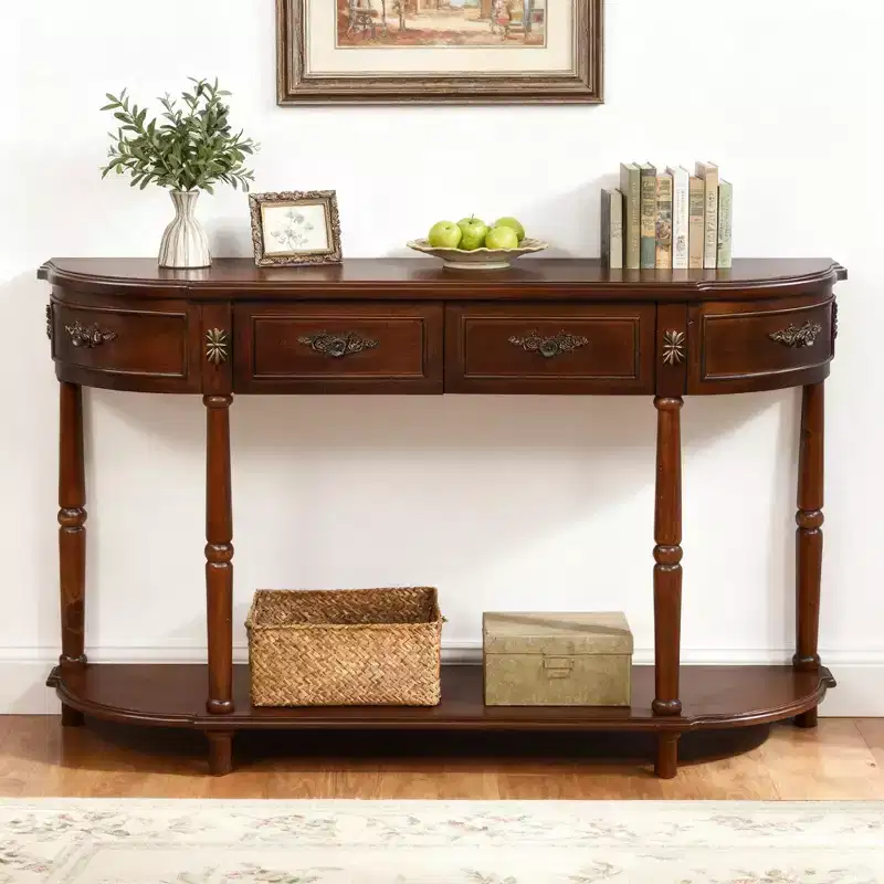 52'' Retro Curved Wood Console Table with Open Shelf and 2 Drawers for Living Room and Hallway, Cherry