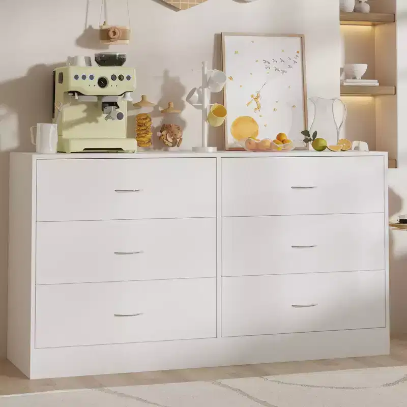Modern Wide 6-Drawer Dresser for Bedroom 53.5 Inch Chest of Drawers with Smooth Glide Tracks, White