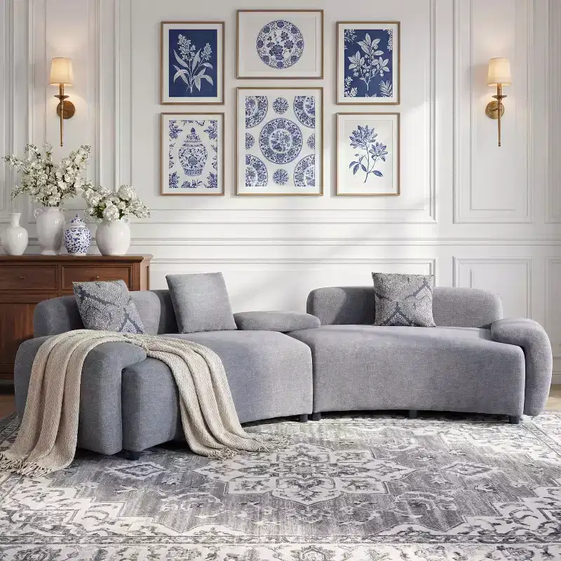 Christopher Knight Home Alvis Modern 122 Curved Fabric Upholstered 4-Seater Sofa Couch with 3 Pillows