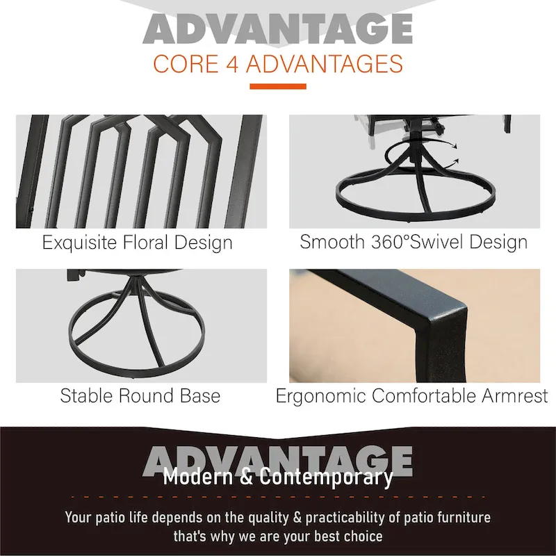 MAISON ARTS 7 Pieces Patio Dining Set, 6 x Swivel Dining Chairs with Cushion and 1 Metal Table with 2.6 Umbrella Hole