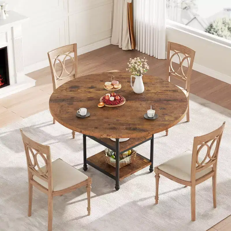 47'' Round Dining Table for 4, Kitchen Table with Storage Shelf & Metal Legs, Circle Table for Living Room Apartment (Only Table)