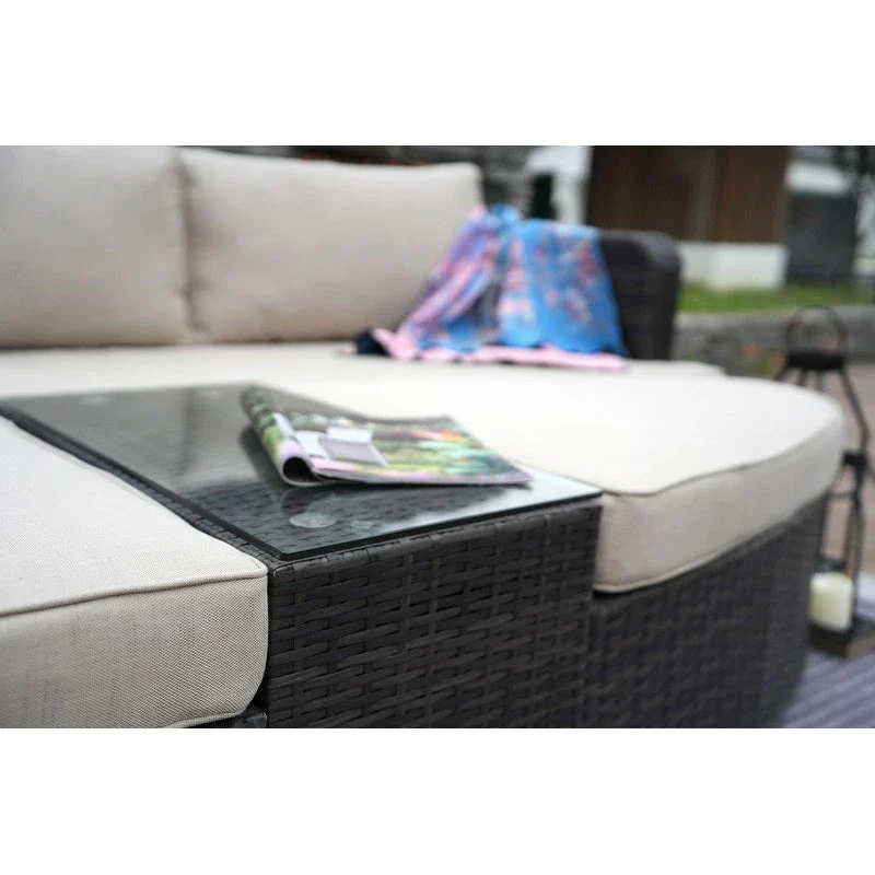 9-piece Patio Wicker Daybed Set with Concrete Fire Pit Table